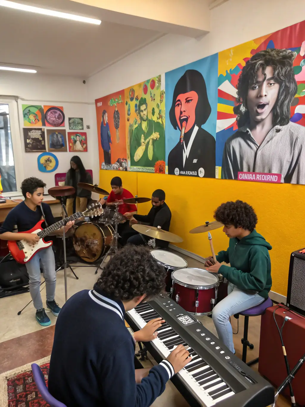 A photo of a BLACK HATS-organized music workshop, showing participants actively engaged in learning new musical skills from an experienced instructor, with various instruments visible in the background.