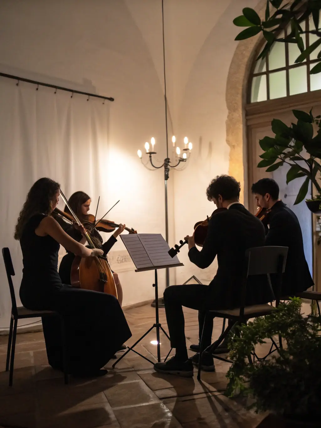 A dynamic image of a string quartet performing in a historic building, showcasing BLACK HATS' classical music series.