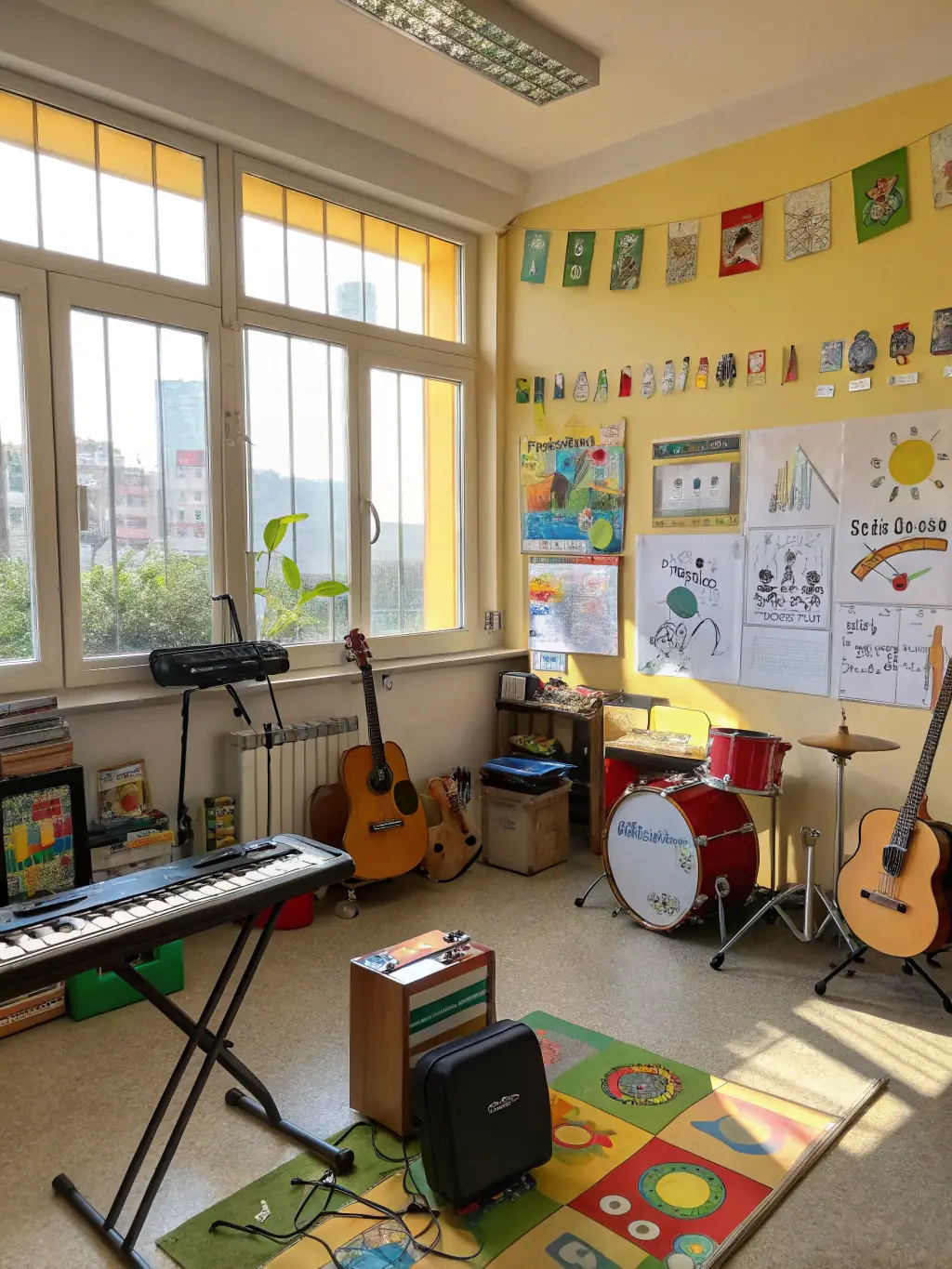 A heartwarming photo of children participating in a BLACK HATS music education program, showing them learning to play instruments, singing, and expressing themselves creatively.