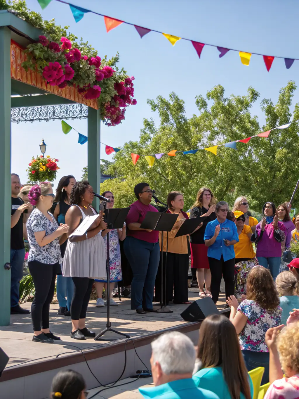 A photograph of a BLACK HATS-sponsored music event in a public space, showing people of all ages enjoying the performance and interacting with each other.