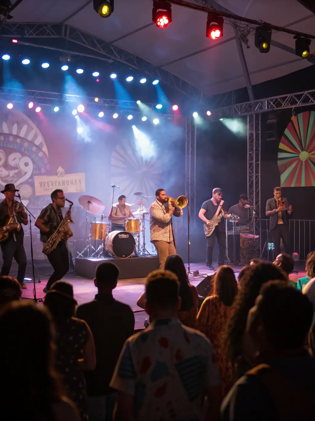A photograph capturing a lively jazz band performing on an outdoor stage at sunset, with an enthusiastic audience in the background, promoting BLACK HATS' upcoming jazz festival.