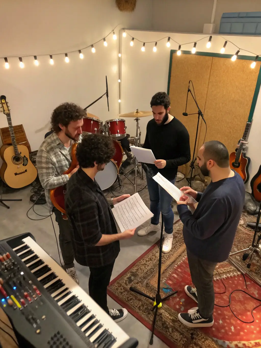 A photograph capturing a diverse group of musicians collaborating during a BLACK HATS workshop, showcasing the organization's commitment to fostering artistic collaboration.