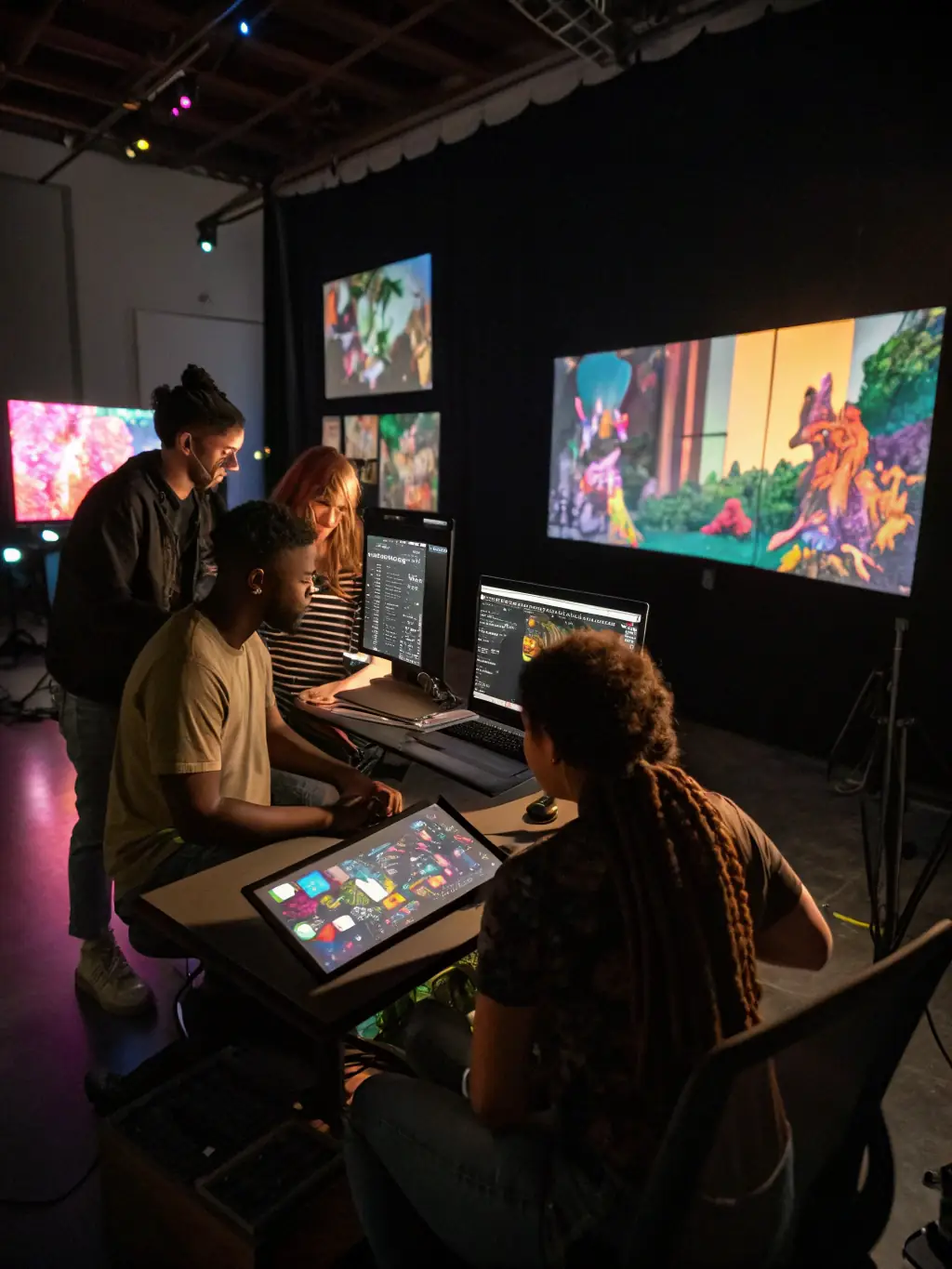 An image depicting a collaborative music workshop facilitated by BLACK HATS, where artists from different backgrounds are seen working together on a musical project.