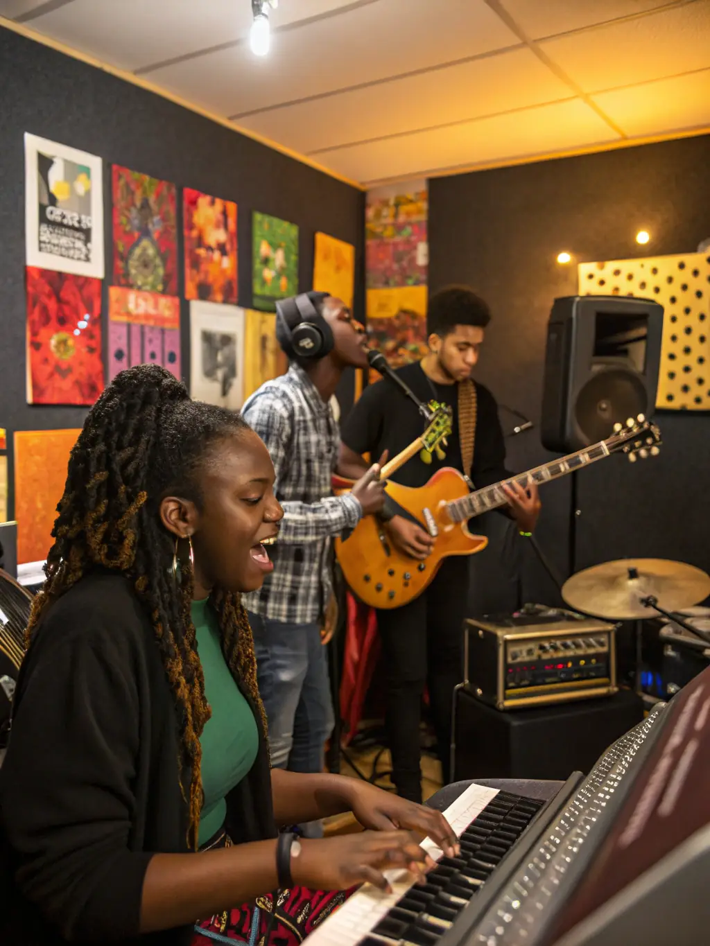 A candid shot of artists collaborating during a BLACK HATS-sponsored jam session, capturing the creative process and camaraderie among musicians, with instruments and music stands scattered around.