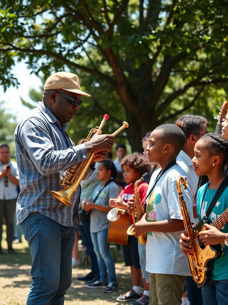 A photograph of a BLACK HATS community outreach event, featuring musicians performing for a local community group, with smiling faces and a sense of connection and joy.