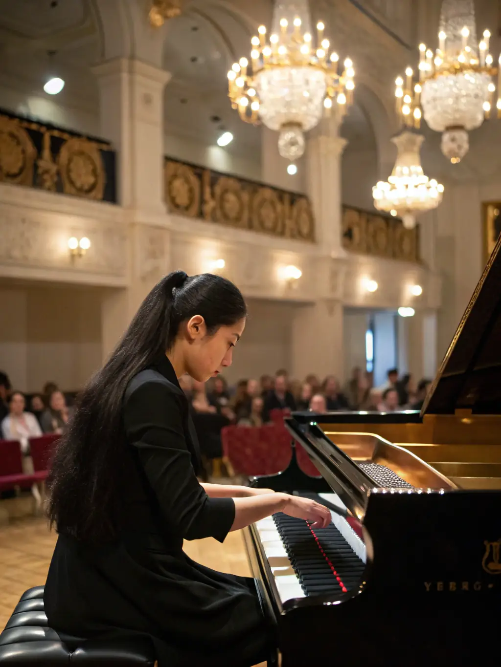 A captivating image of a solo pianist performing in a dimly lit concert hall, promoting BLACK HATS' solo piano recital.