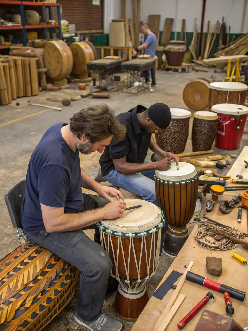 A dynamic image of artists collaborating in a BLACK HATS workshop, showing them exchanging ideas, playing instruments together, and creating music in a supportive environment.