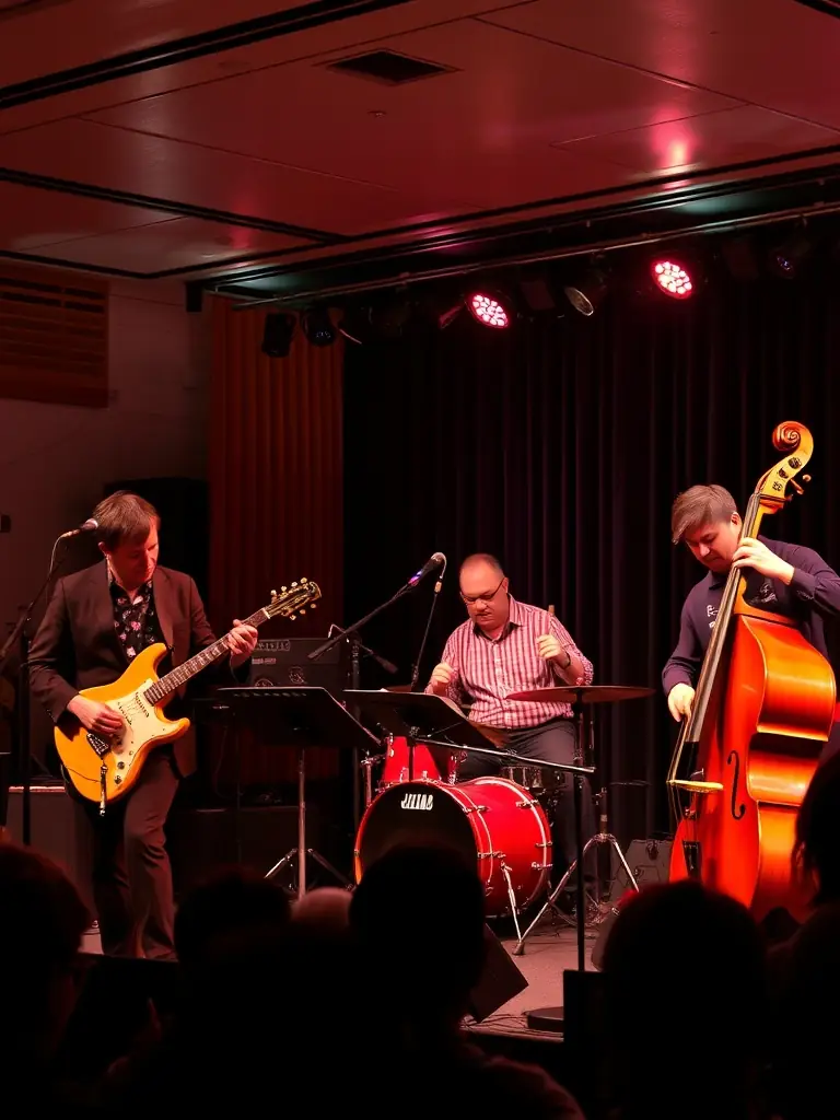 A vibrant photo of a BLACK HATS community music event, showcasing diverse musicians performing on stage with an enthusiastic audience in the background, capturing the energy and inclusivity of the event.