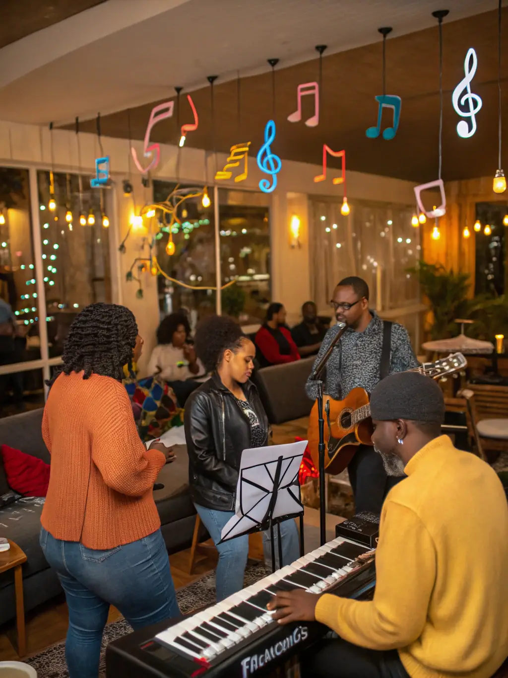 An image of a BLACK HATS-organized concert in a local community center, with people of all ages enjoying the performance, emphasizing the organization's focus on community engagement.
