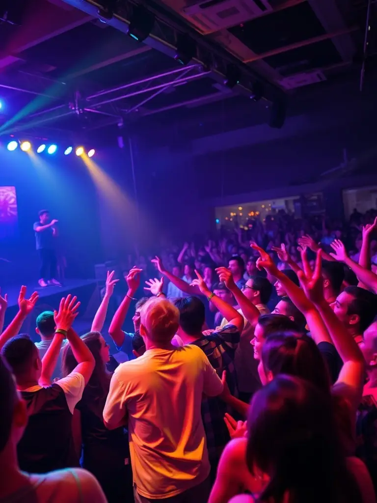 A vibrant photograph capturing a live music performance at a BLACK HATS event, showcasing a diverse audience enjoying the music and atmosphere, with the band energetically performing on stage.