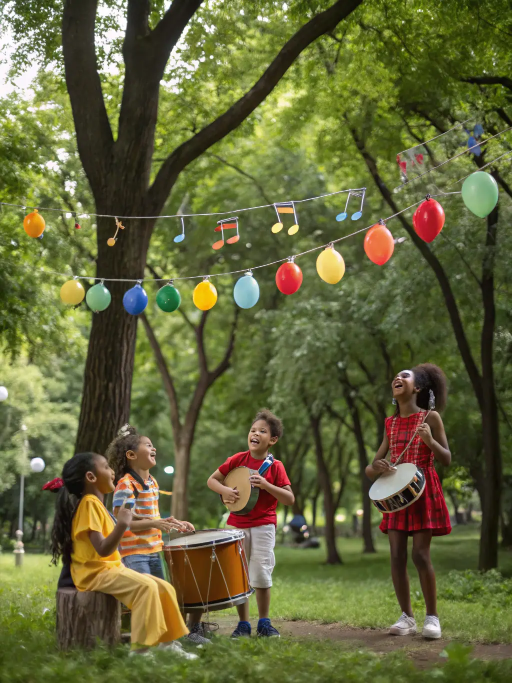 A colorful and energetic photo of a world music ensemble performing at a local park, advertising BLACK HATS' world music event.